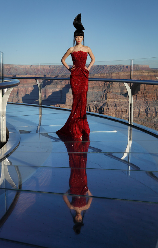 Model Jessica Minh Anh in Ziad Nakad Fashion on the Grand Canyon Skywalk