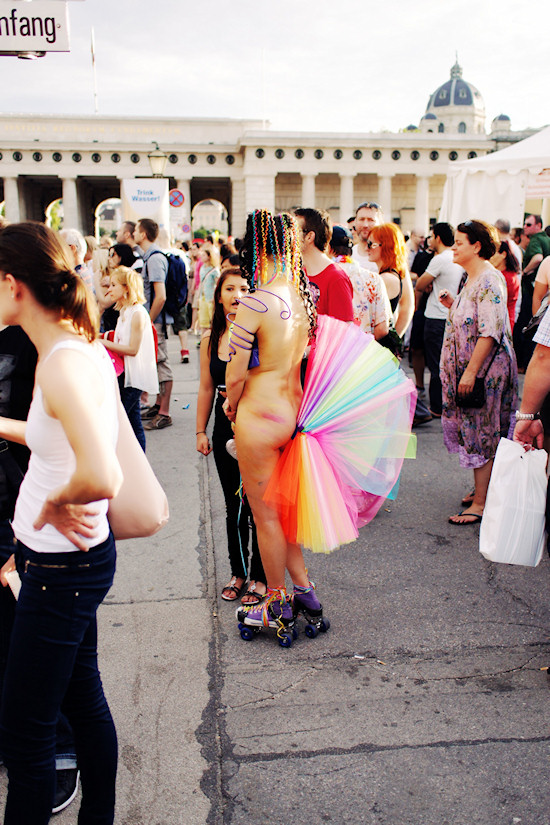 Risque nude outfit on roller skates @ Regenbogenparade Wien 2013. Vienna Pride Parade.