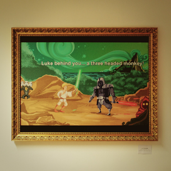 Monkey Island: Luke behind you ... a three headed monkey! "Wie passend, du kämpfst wie eine Kuh." (Monkey Island sword fight insult "How appropriate. You fight like a cow.") by Liz Hanke @ We Love 8-Bit exhibition Vienna