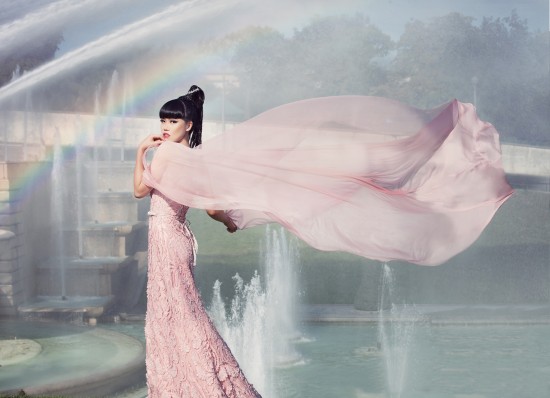 Jessica Minh Anh in a couture dress by Dar Naseem AlAndalos at the Eiffel Tower.