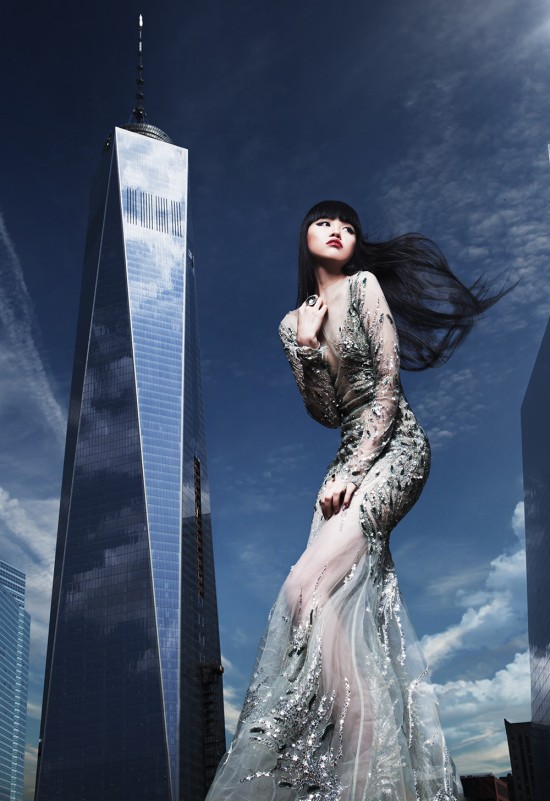 Jessica Minh Anh Fashion Show in front of the One World Trade Center in New York.