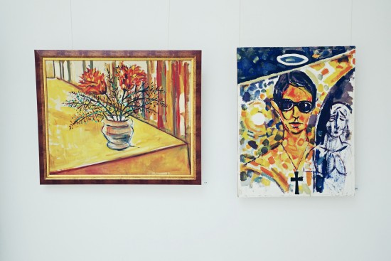 Paintings by Десо Замора: Cosmic moon flowers for Bai Mityo "космически лунни цветя за бай митьо" (left). Light from Darkness "светлина от мрака" (right).