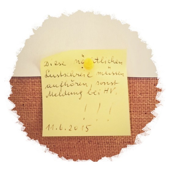 Diese nächtlichen Lustschreie müssen aufhören, sonst Meldung bei HV !!! These nightly screams of joy must stop, otherwise I will report to property management !!!