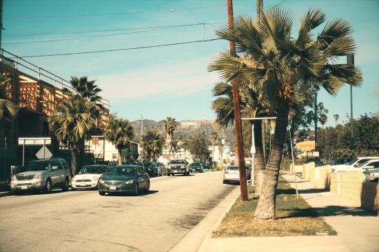 N Van Ness Avenue looking towards the Hollywood sign. On the corner Denny's on Sunset Blvd. in Los Angeles.