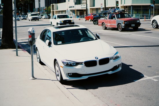 BMW car without a front license plate in Los Angeles, California.