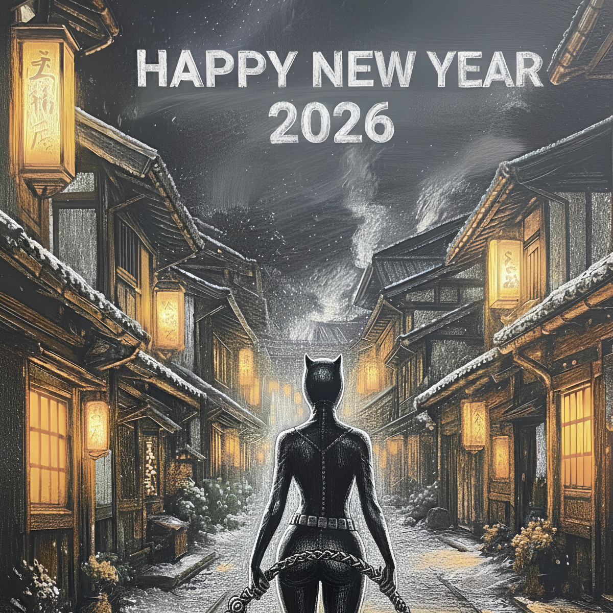 Catwoman strolling on New Year Eve. AI-generated image by Nano Banana.