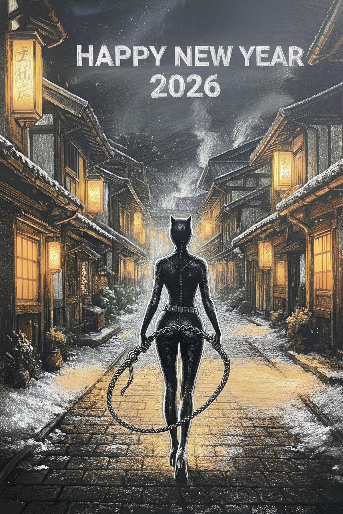 Catwoman strolling on New Year Eve. AI-generated image by Nano Banana.